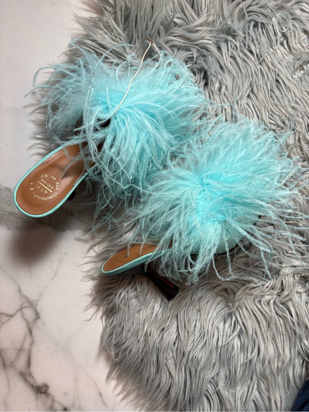 ATP all tomorrow’s parties ostrich feather leather spool heel Tiffany blue 38